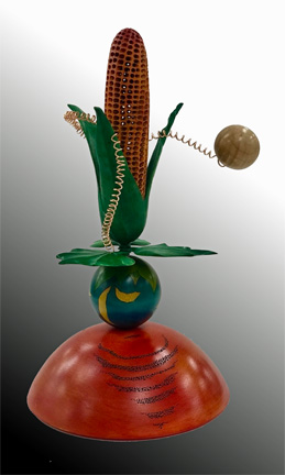 Maple wood carving with copper of indigenous "three Sisters":corn, squash and beans